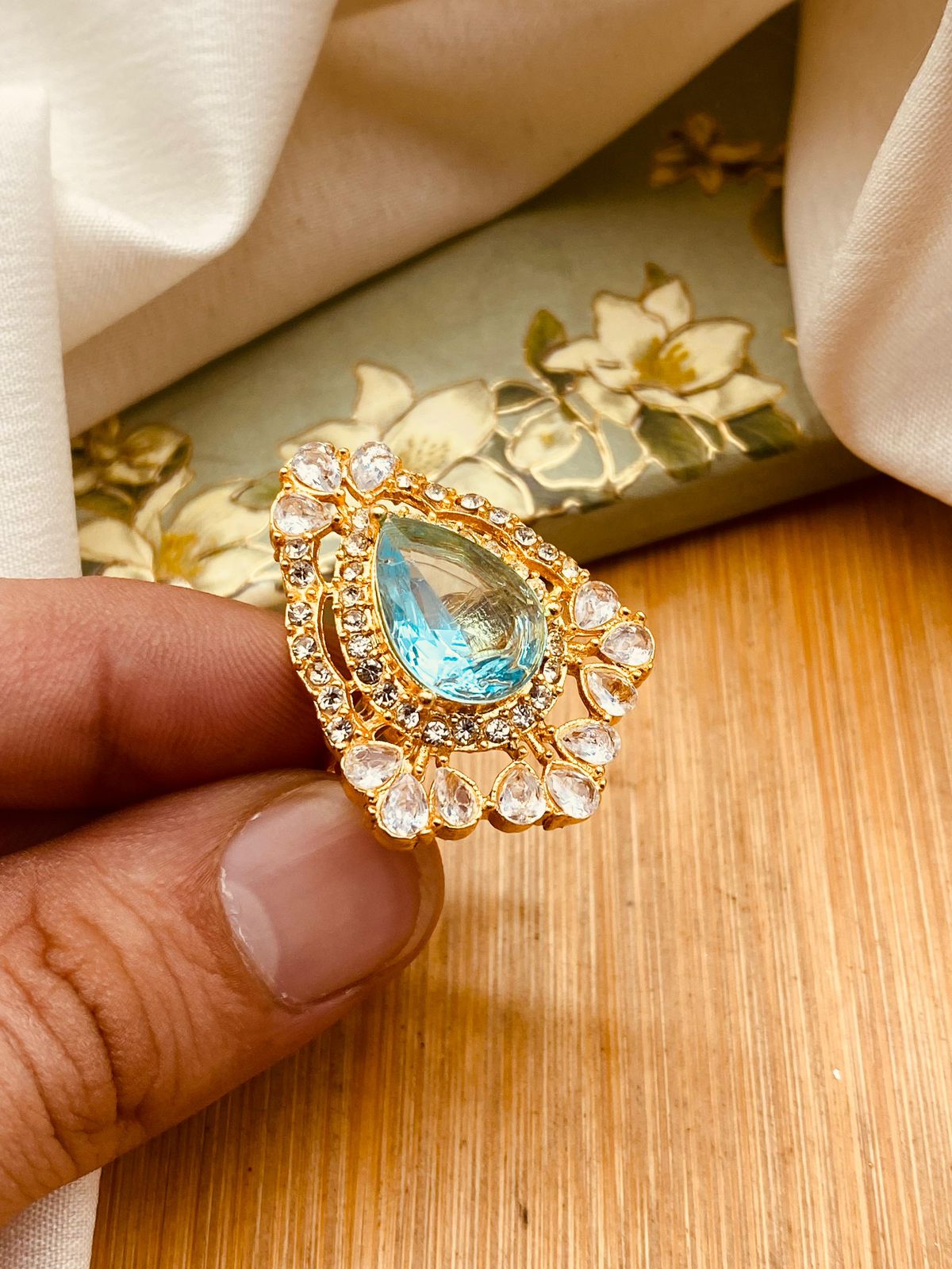 Zirconia Almond Ring (Adjustable)-2844-Golden