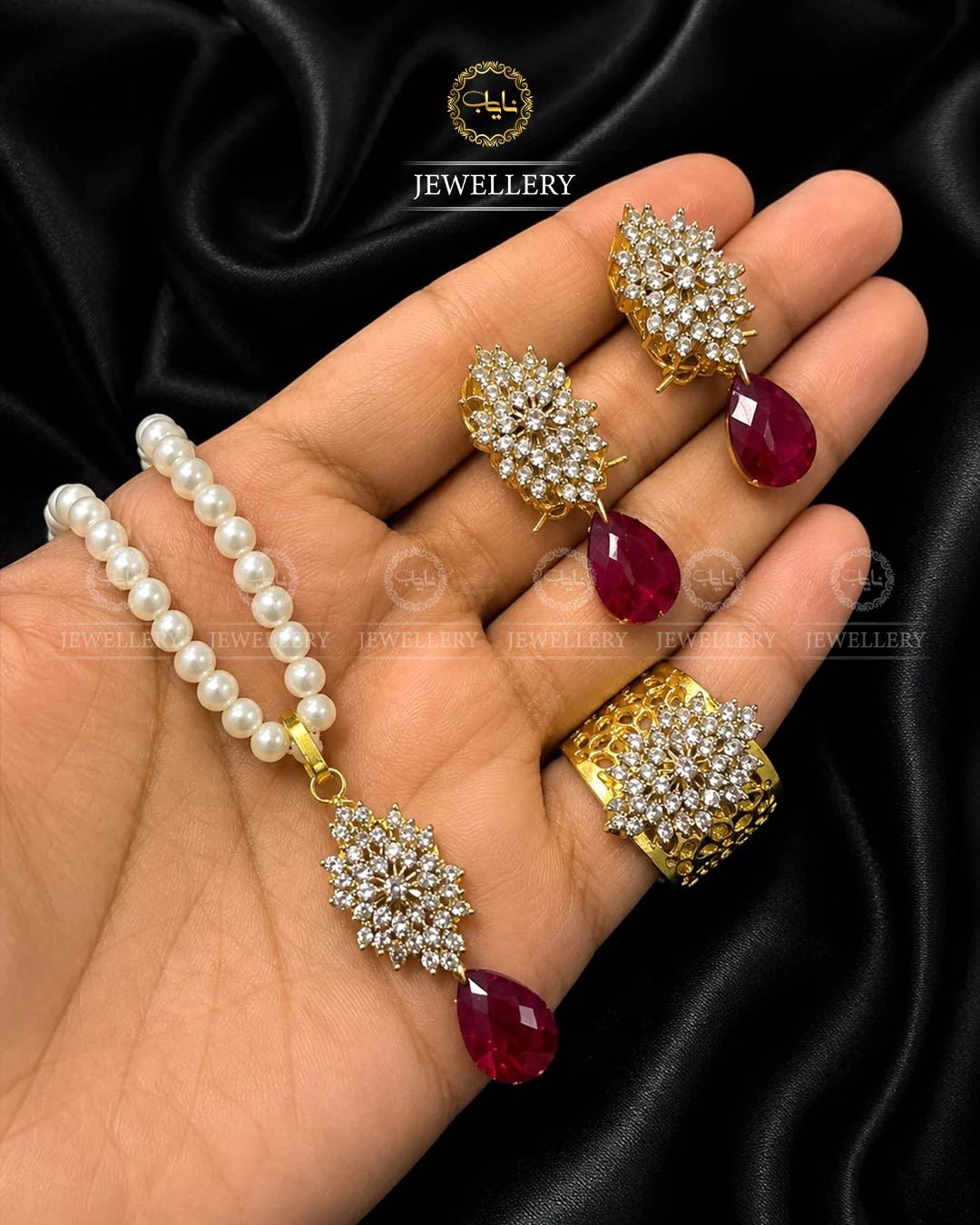 Trending Jarao Combo set with pearl mala -1956