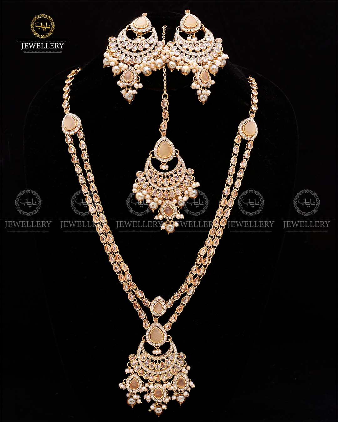 Zirconia 2 layers Bridal Mala with Baali Tika-2629-Golden Nayab Jewellery