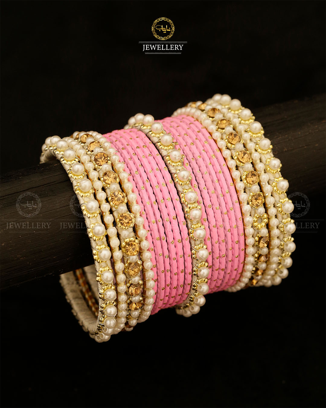 Bridal Pearl Rhinestone Dotted Bangles Set-2705