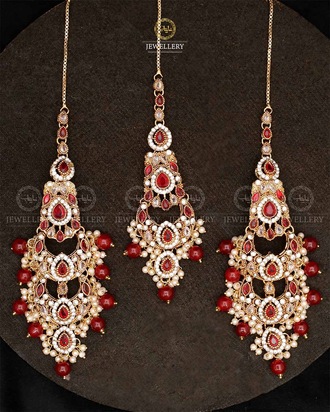 Double Baali Earrings Tika set-2564-Golden Nayab Jewellery