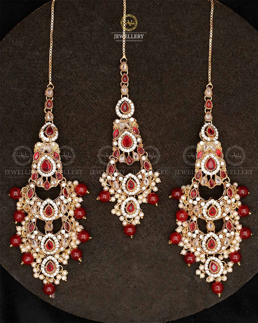 Double Baali Earrings Tika set-2564-Golden Nayab Jewellery