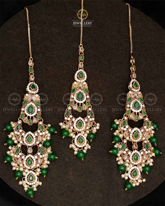 Double Baali Earrings Tika set-2564-Golden Nayab Jewellery