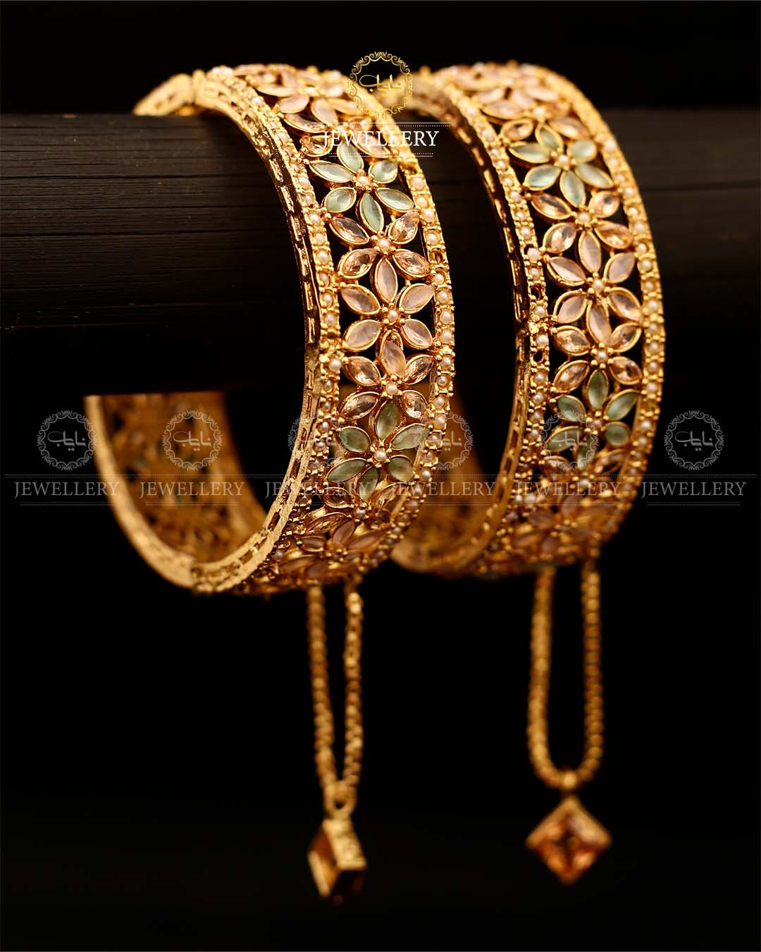 Flower zarcon Openable Bangles (pair)-2921-Golden