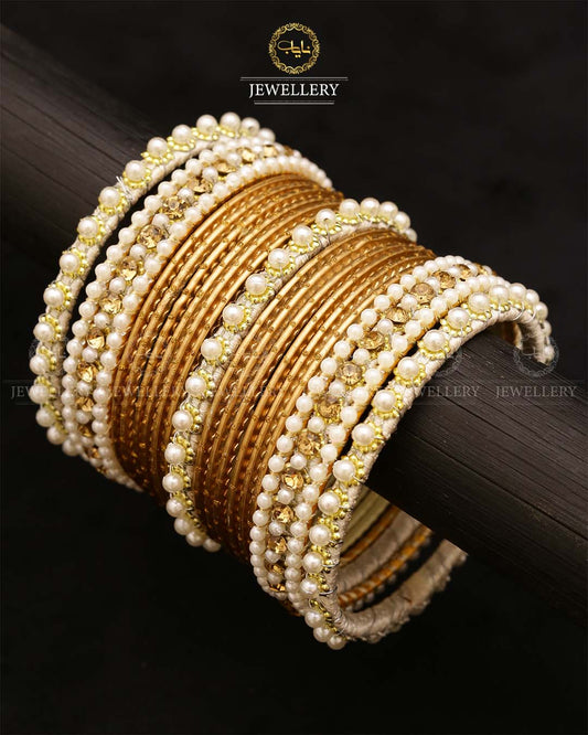 Bridal Pearl Rhinestone Dotted Bangles Set-2705 Nayab Jewellery