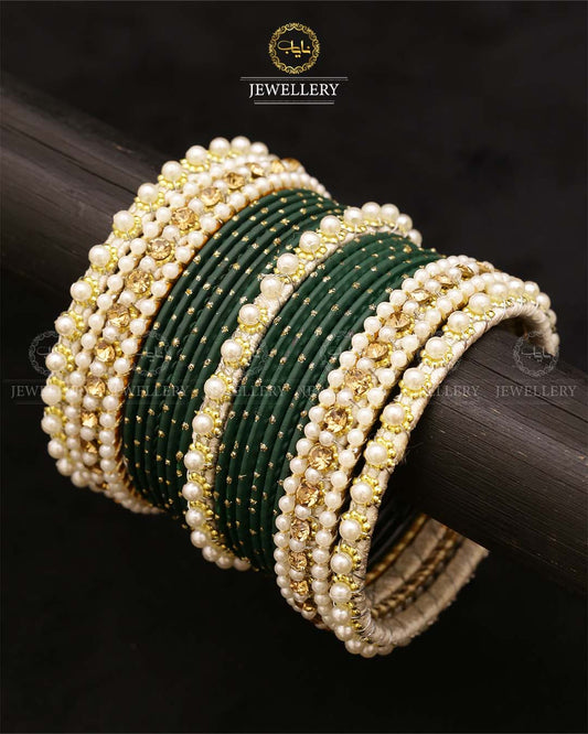 Bridal Pearl Rhinestone Dotted Bangles Set-2705 Nayab Jewellery