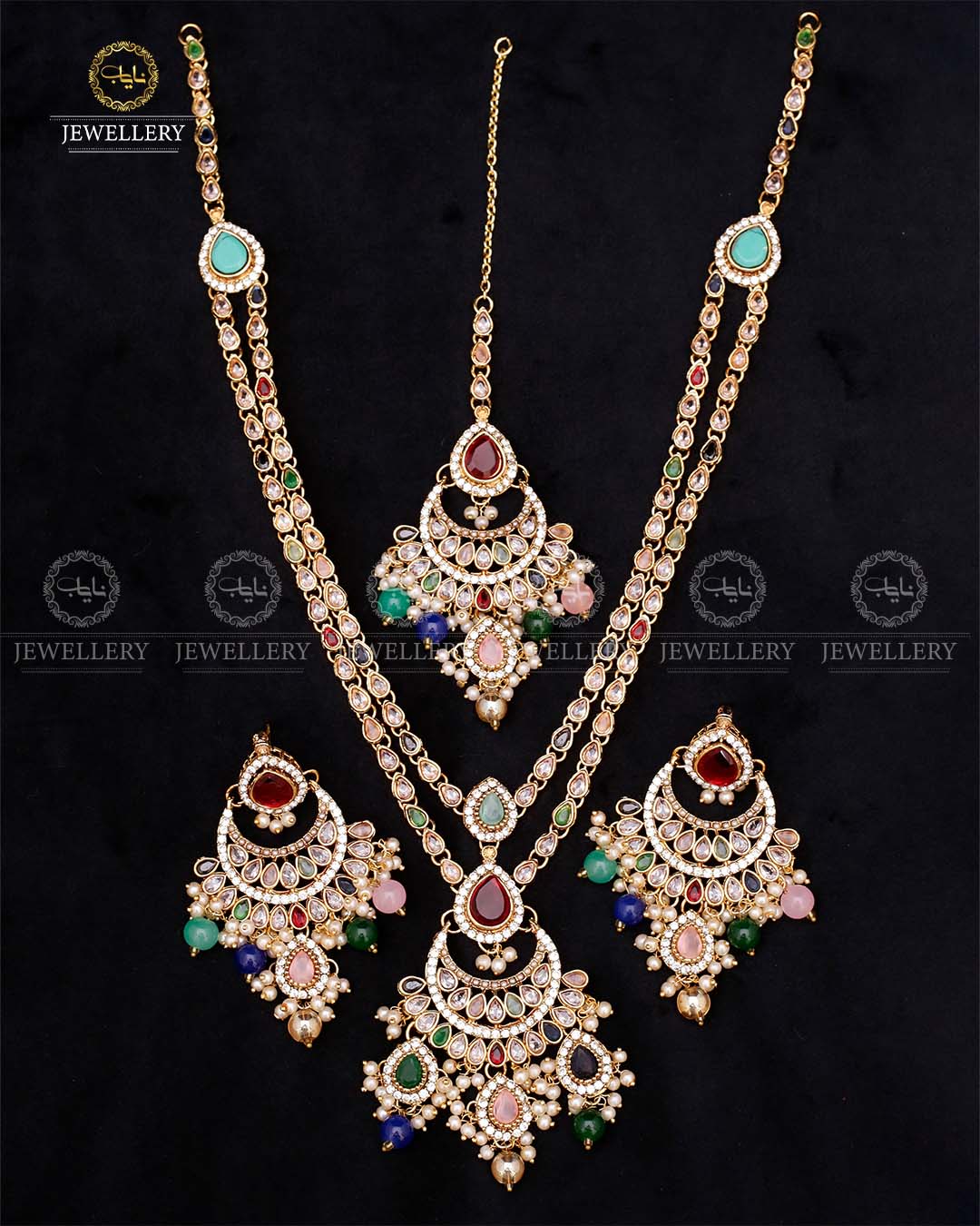 Zirconia 2 layers Bridal Mala with Baali Tika-2629-Golden Nayab Jewellery