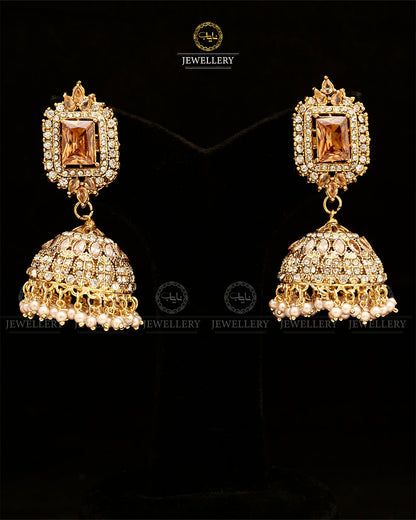 Zarcon Saqure Stone Jhumka-2861-Golden