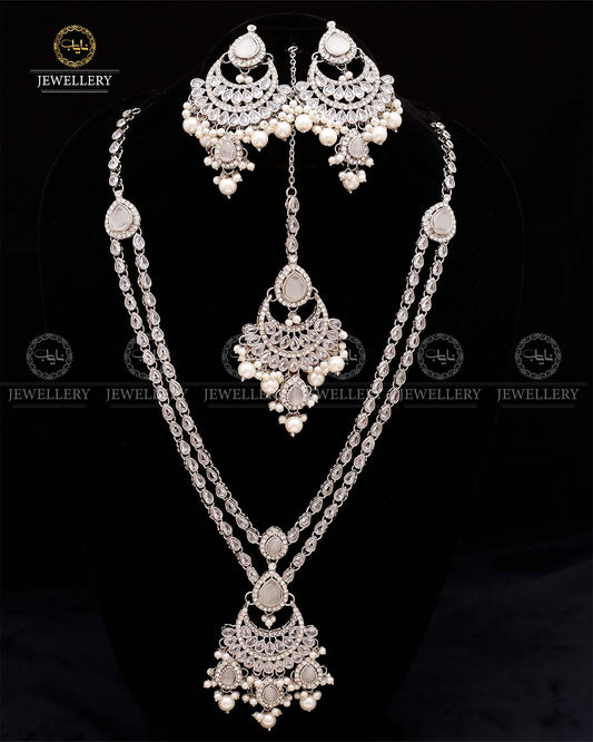 Zirconia 2 layers Bridal Mala with Baali Tika-2629-Silver Nayab Jewellery