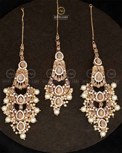 Double Baali Earrings Tika set-2564-Golden Nayab Jewellery
