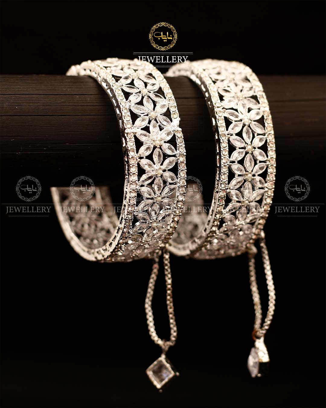 Flower zarcon Openable Bangles (pair)-2921-Silver