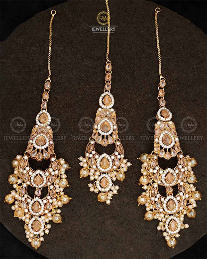 Double Baali Earrings Tika set-2564-Golden Nayab Jewellery