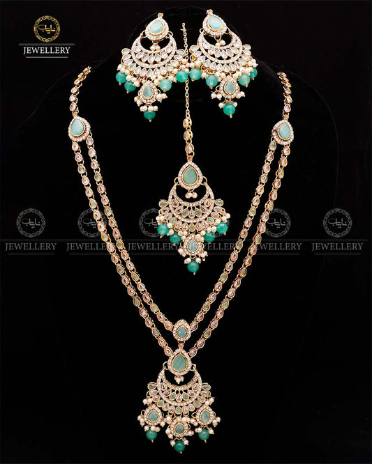 Zirconia 2 layers Bridal Mala with Baali Tika-2629-Golden Nayab Jewellery