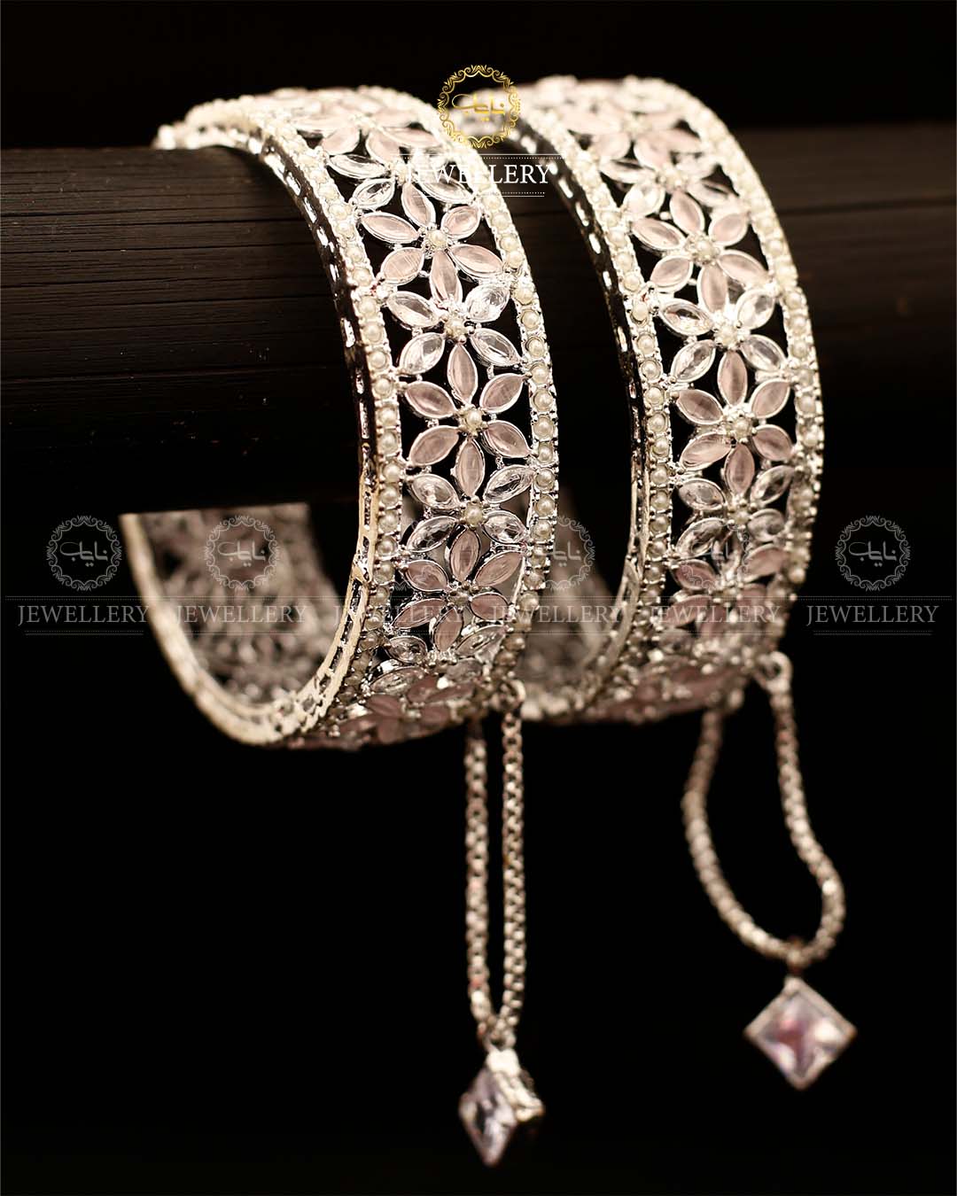 Flower zarcon Openable Bangles (pair)-2921-Silver