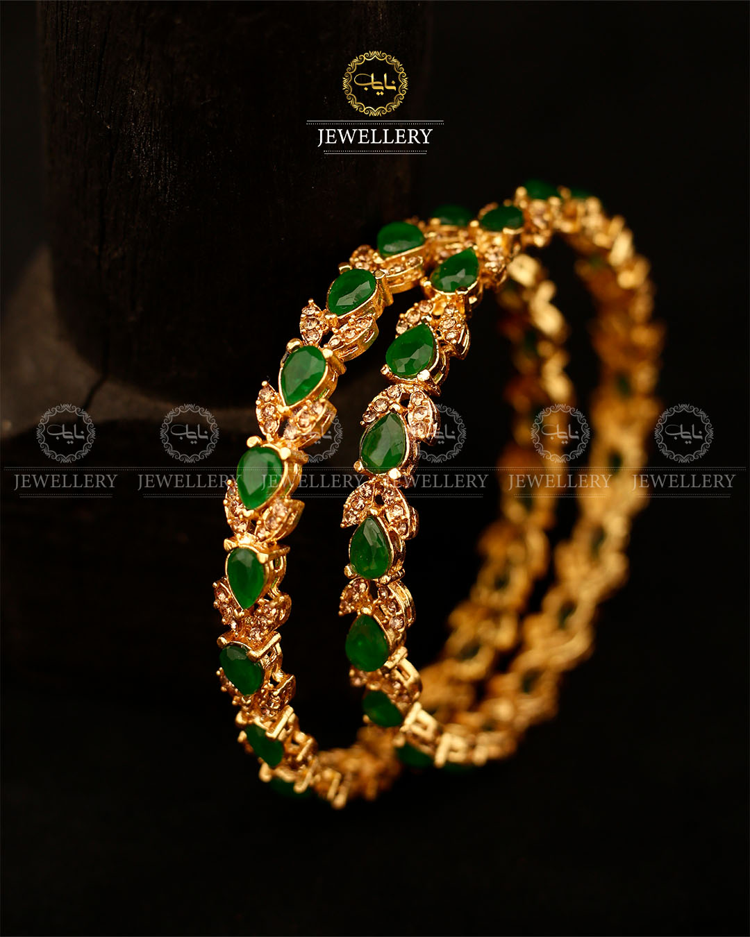 Zirconia Almond Bangles (pair)-2597-Golden Green