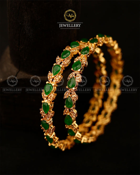 Zirconia Almond Bangles (pair)-2597-Golden Green