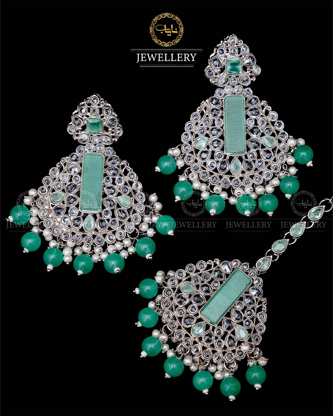 Kundan With Turkish Stones Earrings Tika set -1943-Silver