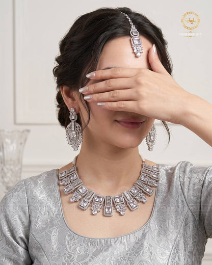 Saqure Stones Zirconia Necklace set with Tika-2178-Silver