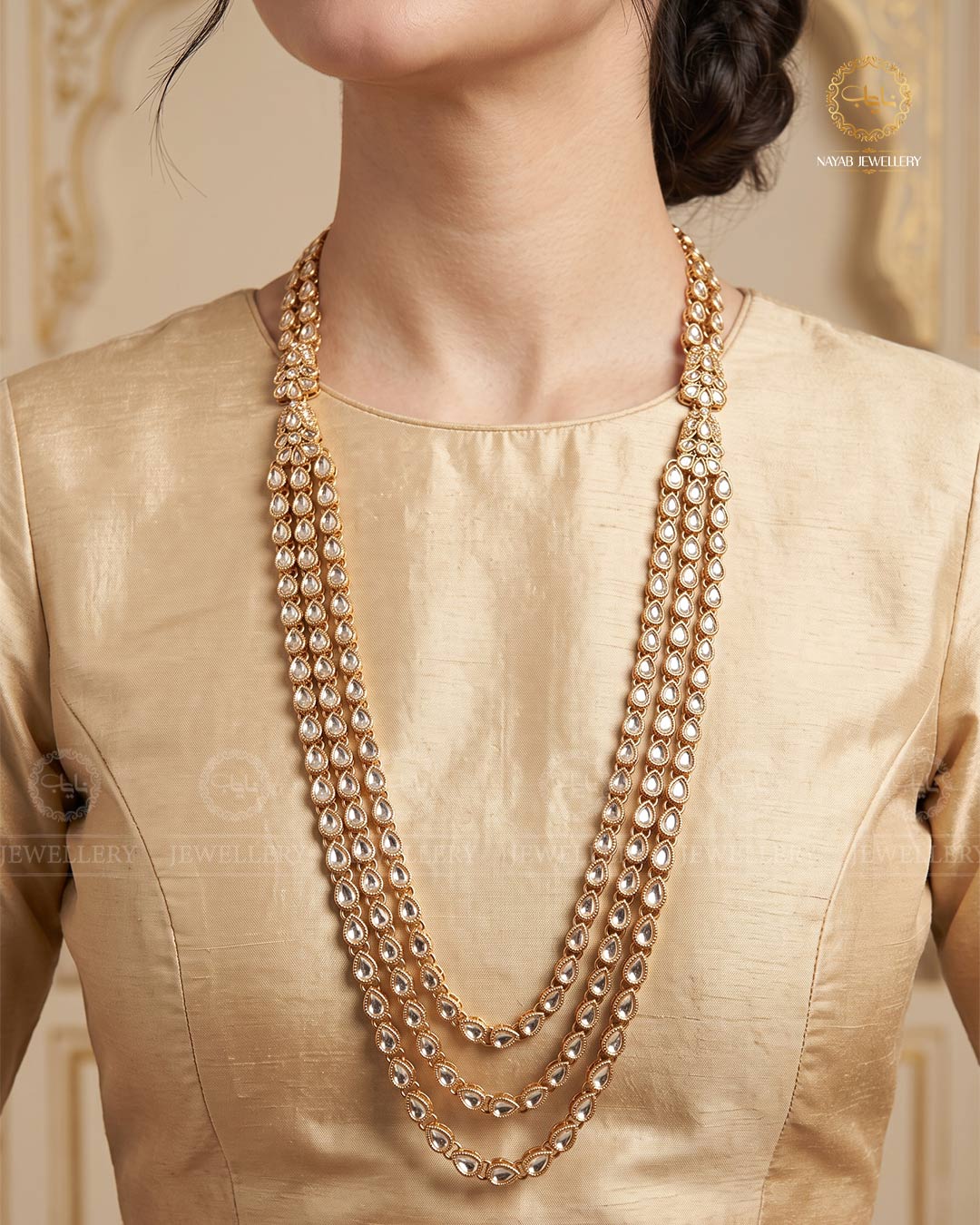 Kundan 3 layers Long Mala without earrings -2035-Golden