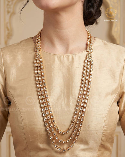 Kundan 3 layers Long Mala without earrings -2035-Golden
