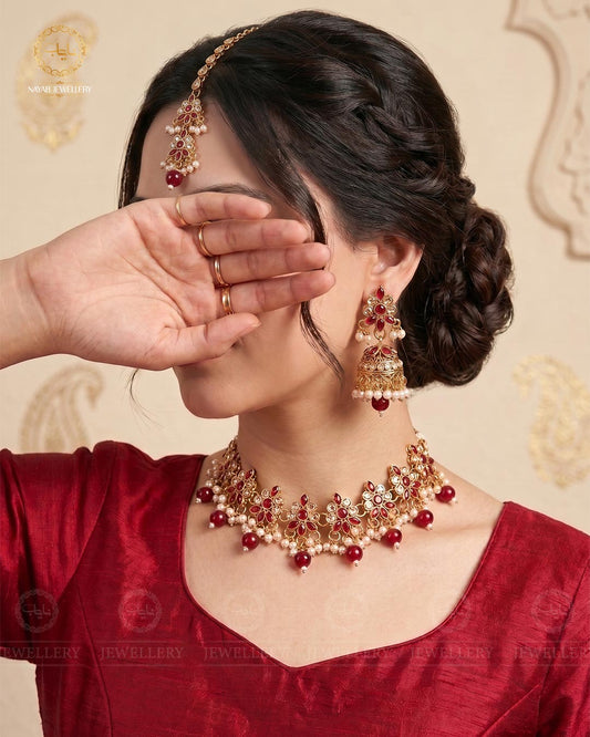 Royal Flexible choker Necklace set with jhumki tika-2236-Golden
