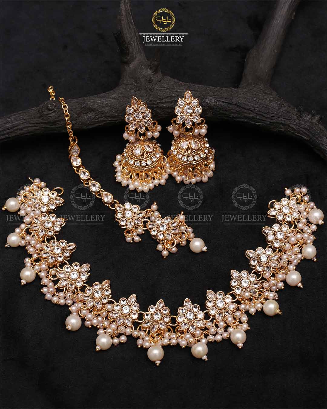 Royal Flexible choker Necklace set with jhumki tika-2236-Golden