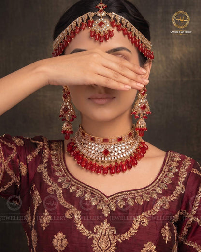 Kundan Collar Bridal set with Matha patti-2763-Golden