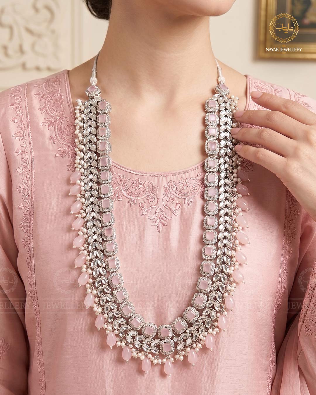 Kundan Long Bridal Mala (without Earrings)-2578-Silver