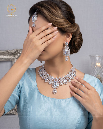 Zirconia Doublet stones Necklace set-2572-Silver