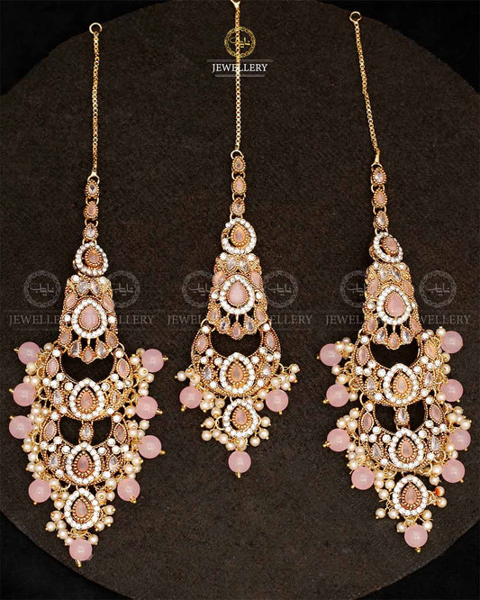 Double Baali Earrings Tika set-2564-Golden Nayab Jewellery