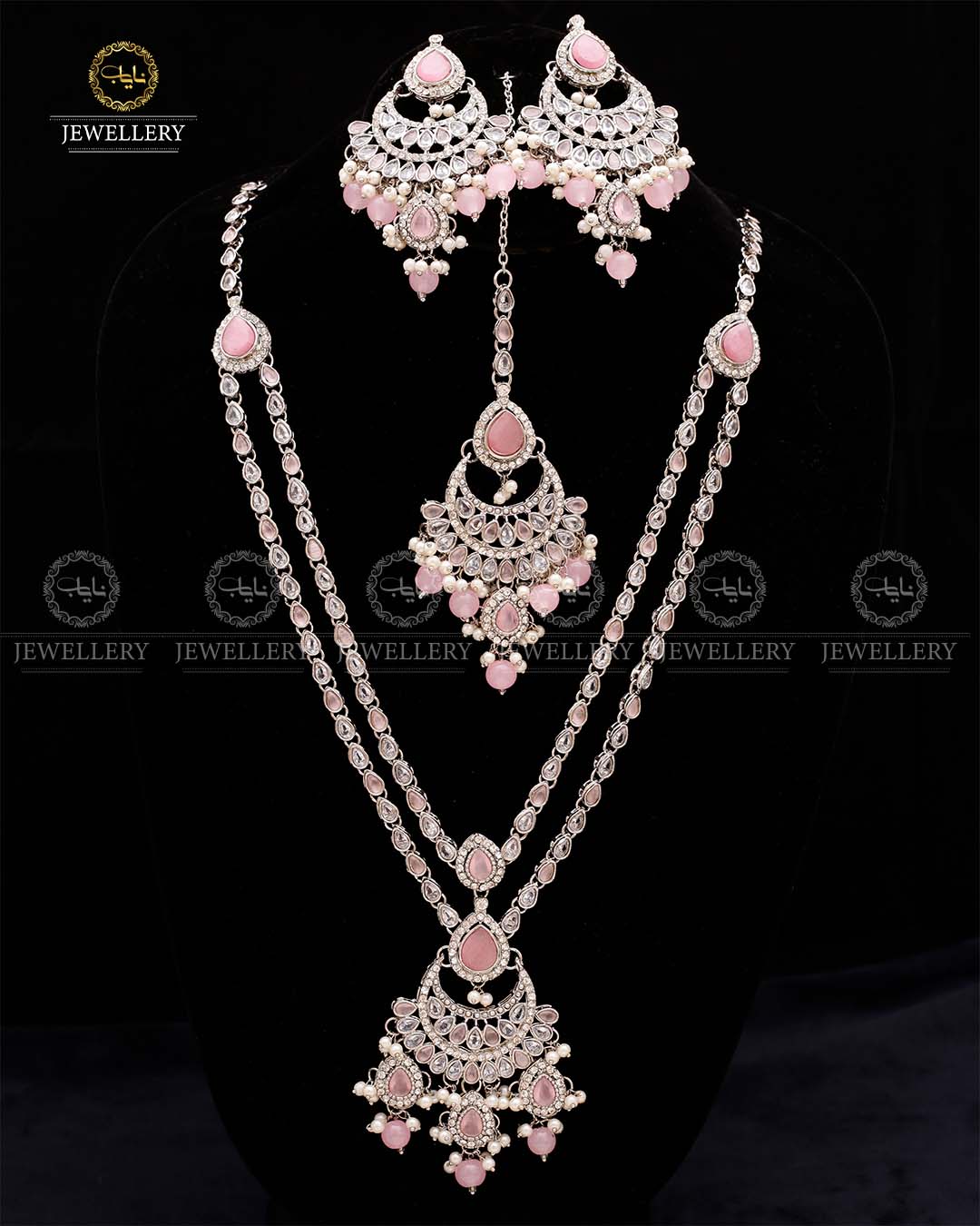 Zirconia 2 layers Bridal Mala with Baali Tika-2629-Silver Nayab Jewellery