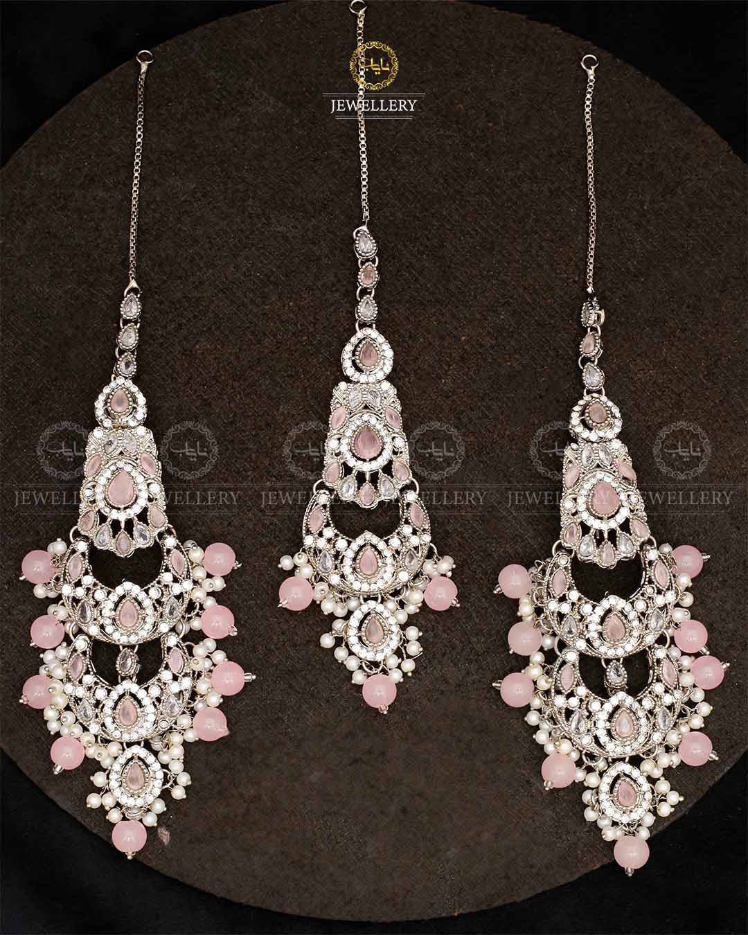 Double Baali Earrings Tika set-2564-Silver Nayab Jewellery