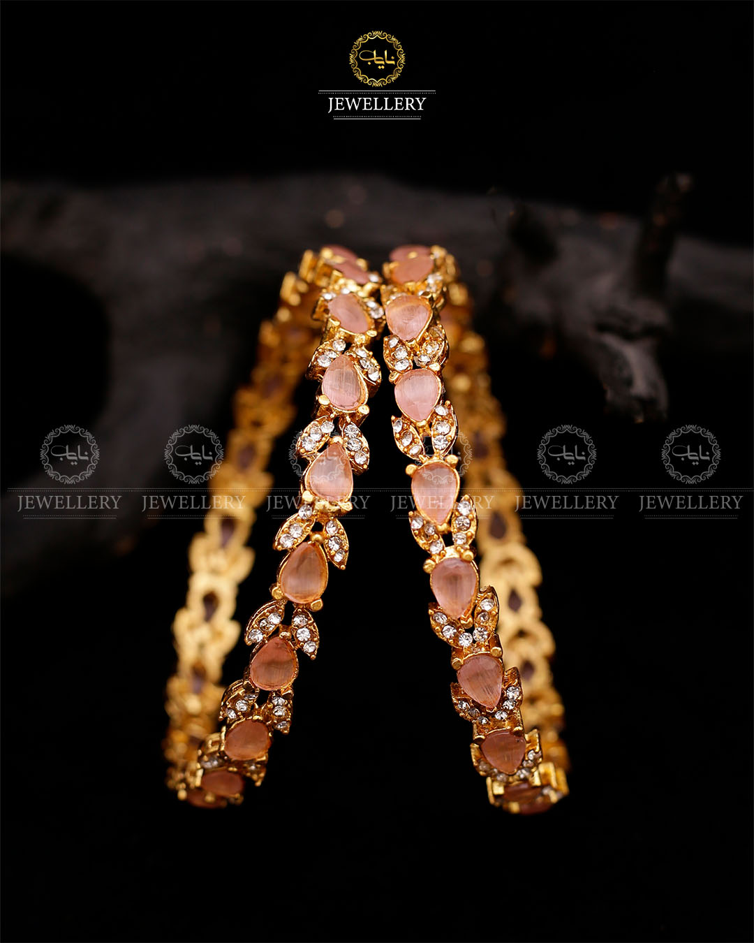 Zirconia Almond Bangles (pair)-2597-Golden Pink Nayab Jewellery