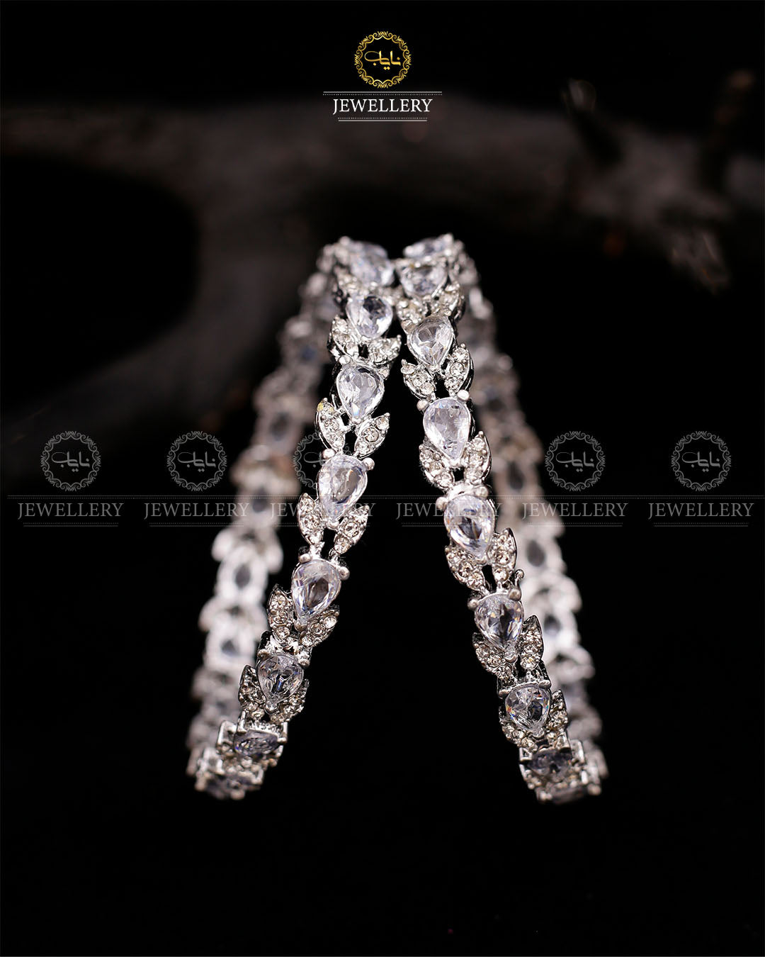 Zirconia Almond Bangles (pair)-2597-Silver White Nayab Jewellery
