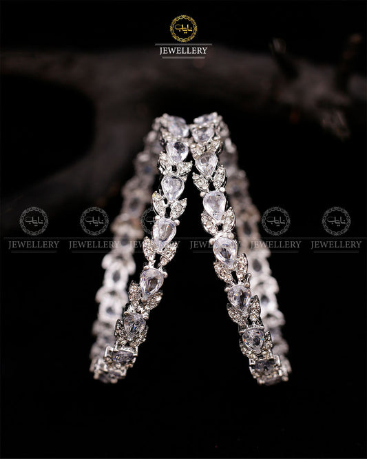 Zirconia Almond Bangles (pair)-2597-Silver White Nayab Jewellery