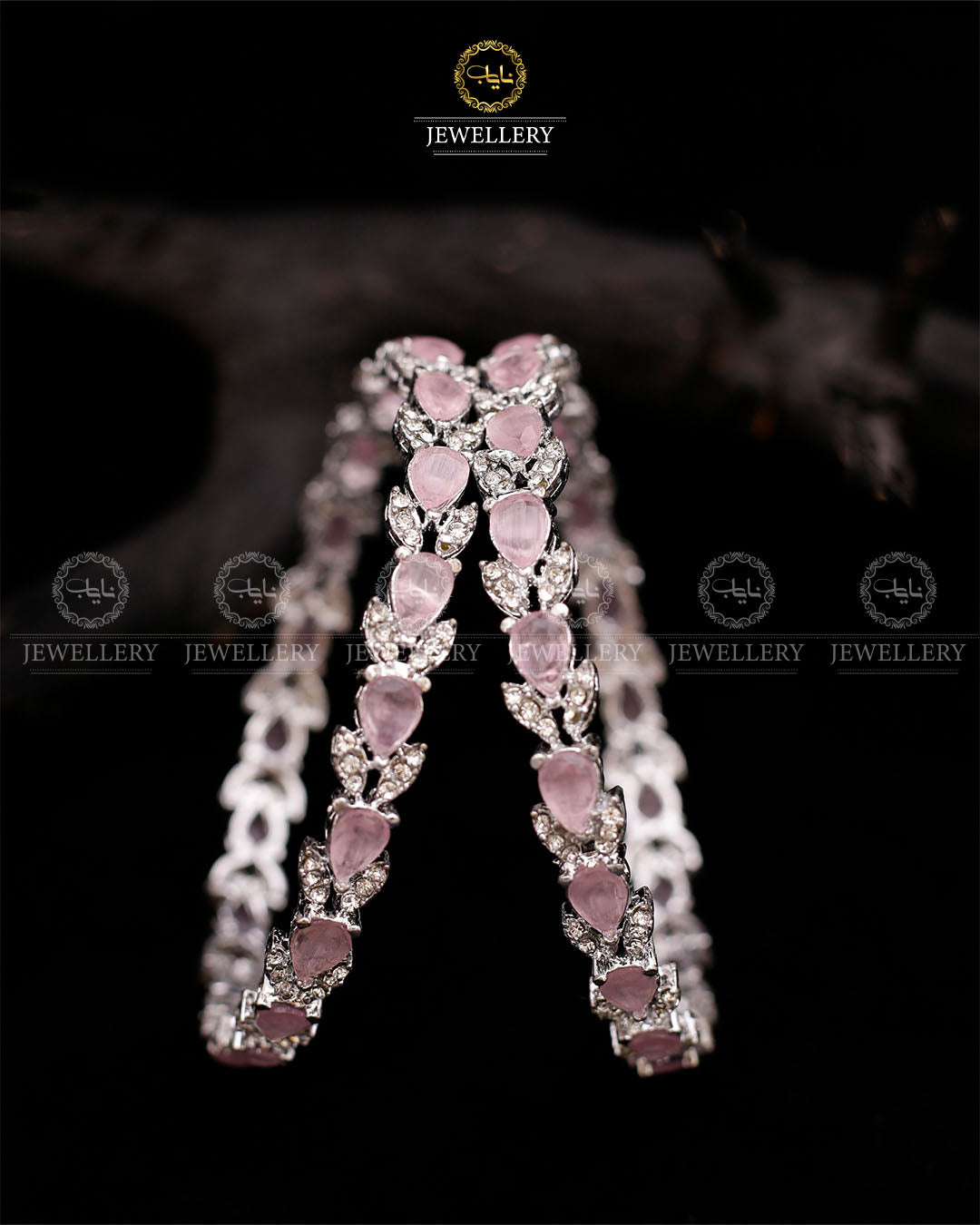 Zirconia Almond Bangles (pair)-2597-Silver Pink Nayab Jewellery