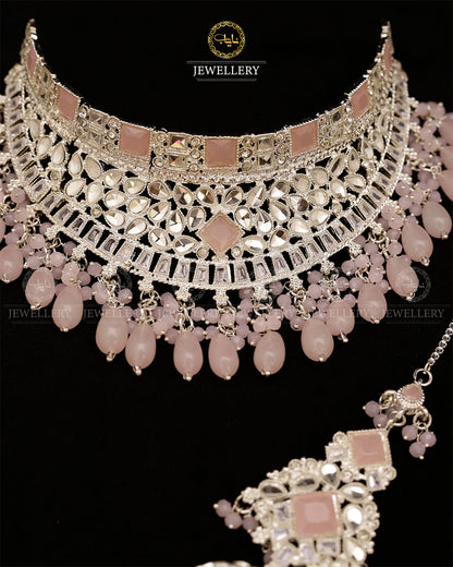 Kundan Collar Bridal set with Matha patti-2763-Silver Nayab Jewellery