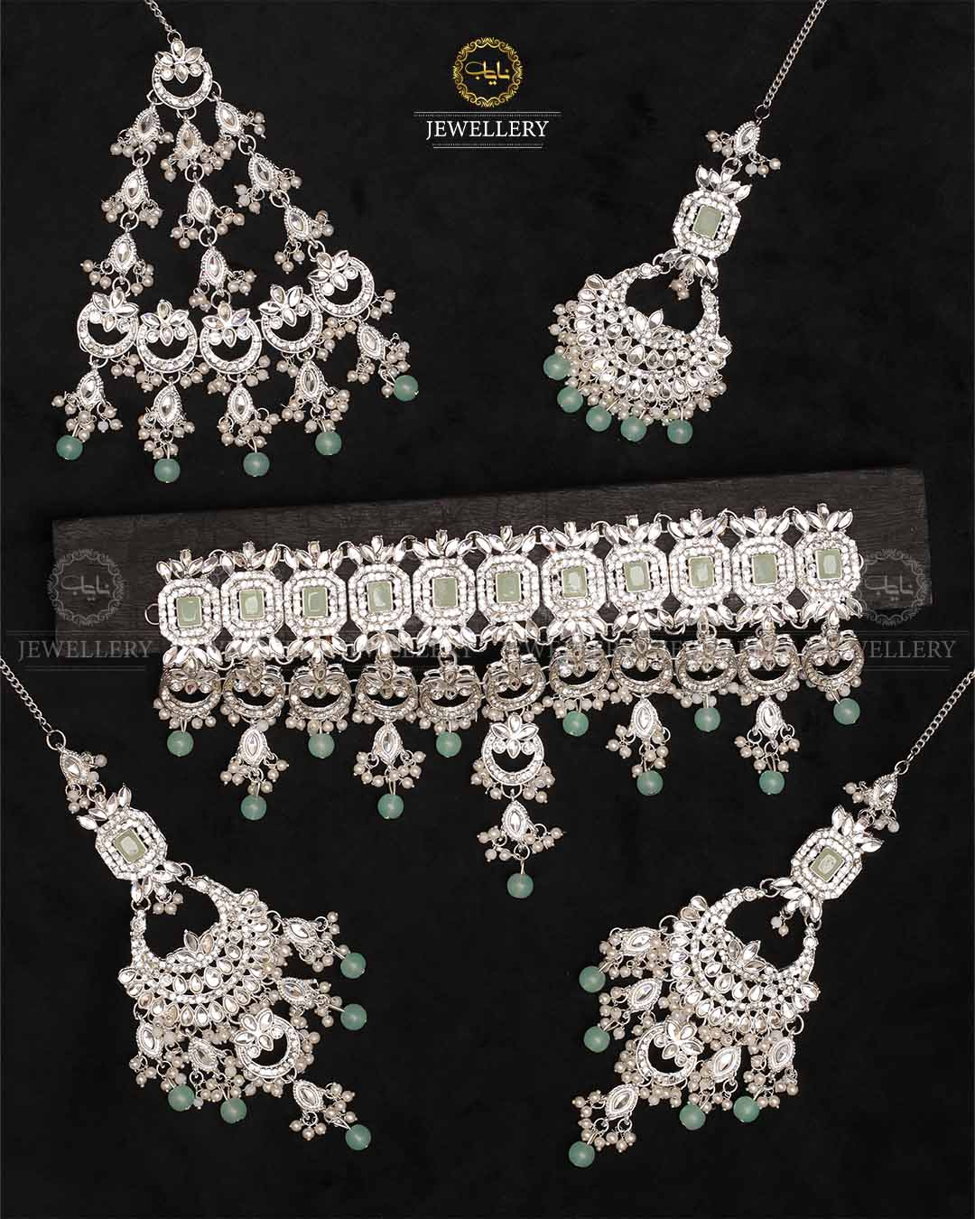 Azzaro Kundan 5 pcs Bridal set-2114-Silver