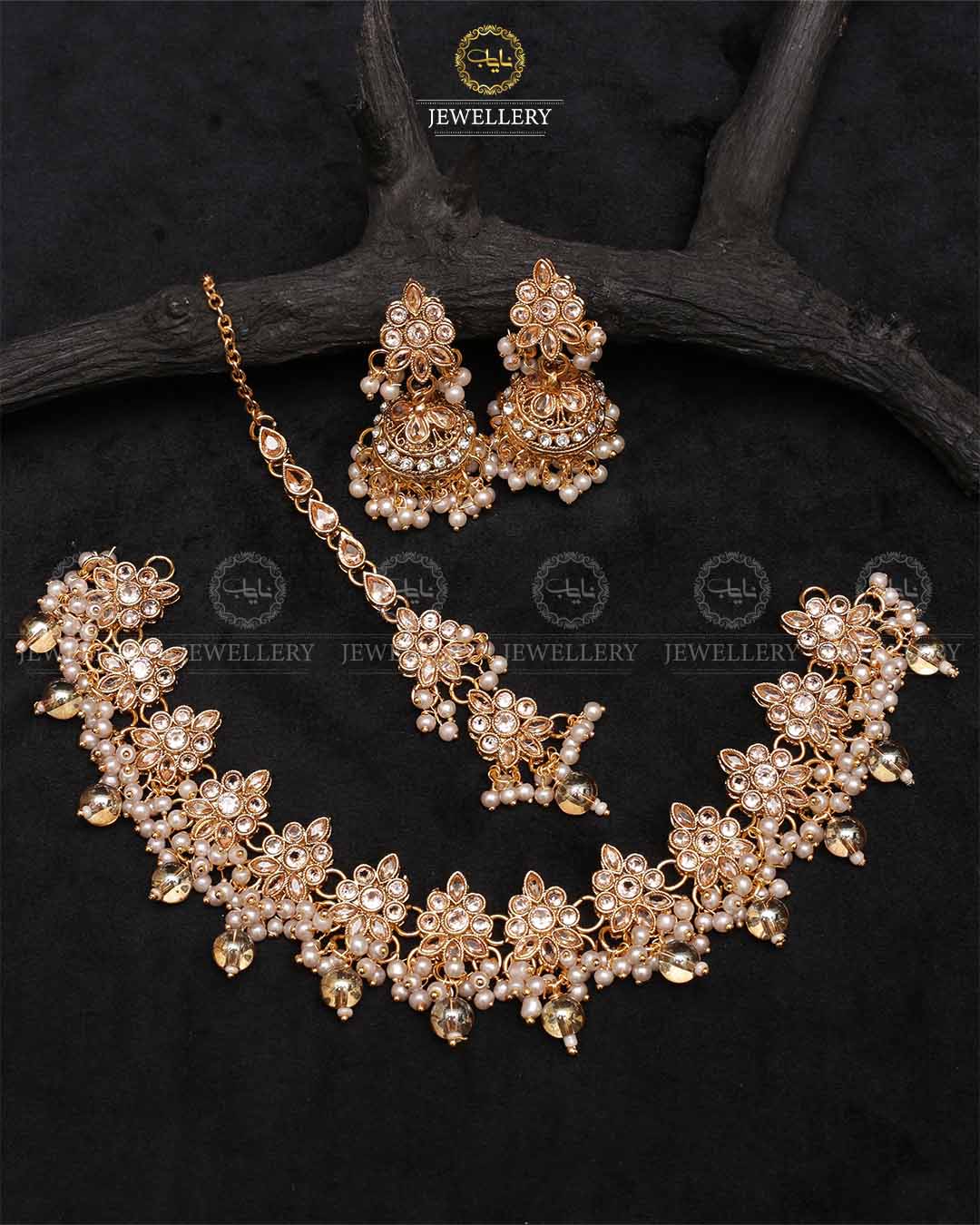 Royal Flexible choker Necklace set with jhumki tika-2236-Golden