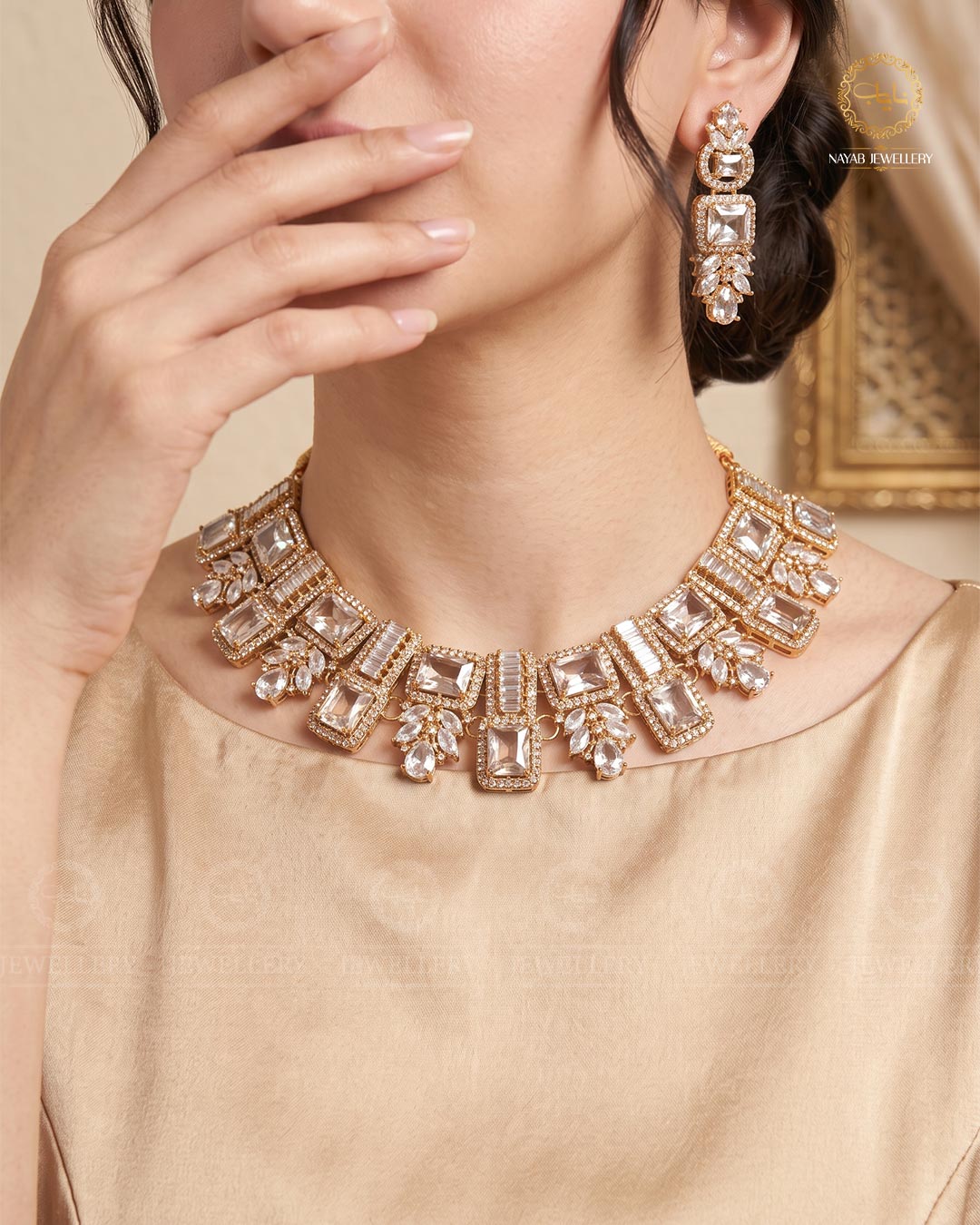 Saqure Stones Zirconia Necklace set with Tika-2178-Golden