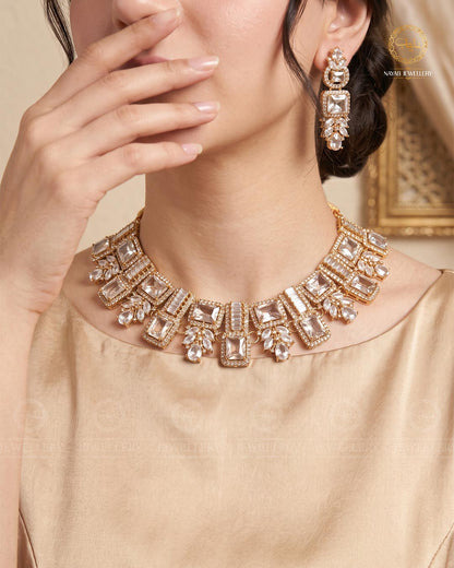 Saqure Stones Zirconia Necklace set with Tika-2178-Golden