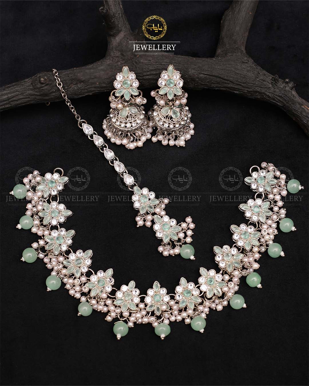 Royal Flexible choker Necklace set with jhumki tika-2236-Silver