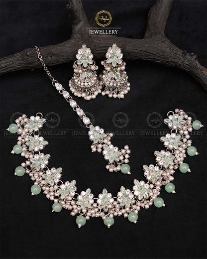 Royal Flexible choker Necklace set with jhumki tika-2236-Silver