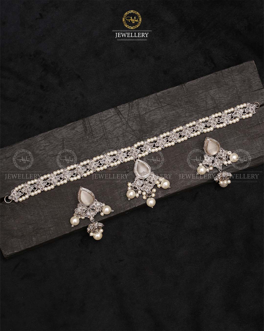 Lumiar Flexible choker patti set with jhumki-2238-Silver