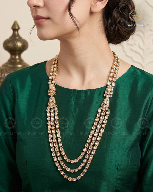 Kundan 3 layers Long Mala without earrings -2035-Golden
