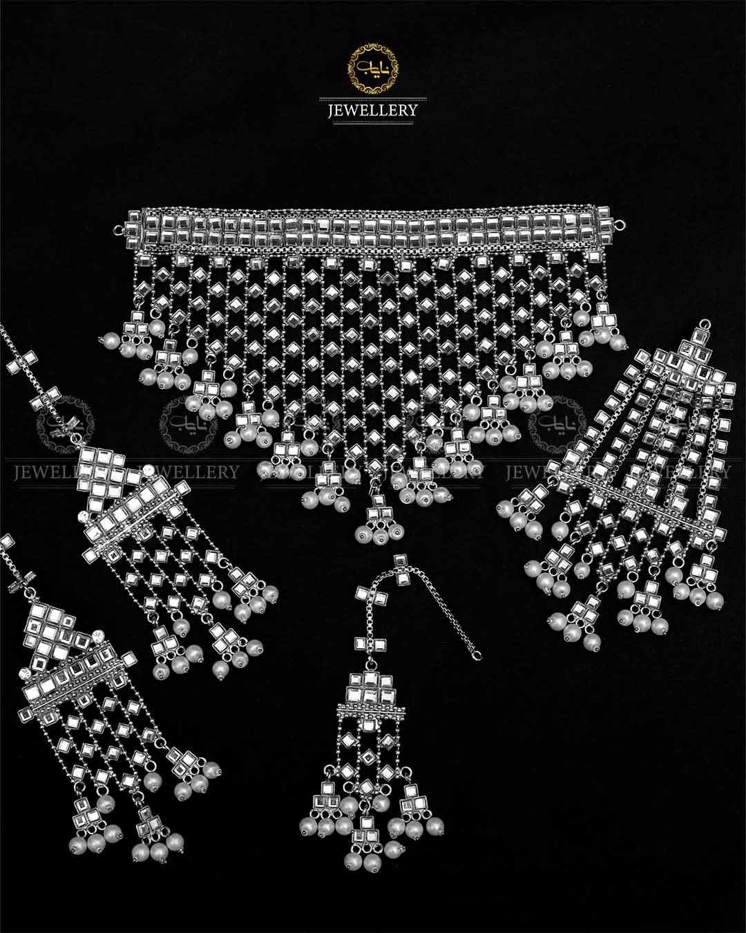 Cut kundan Jhalar Bridal Necklace set-2135-Silver