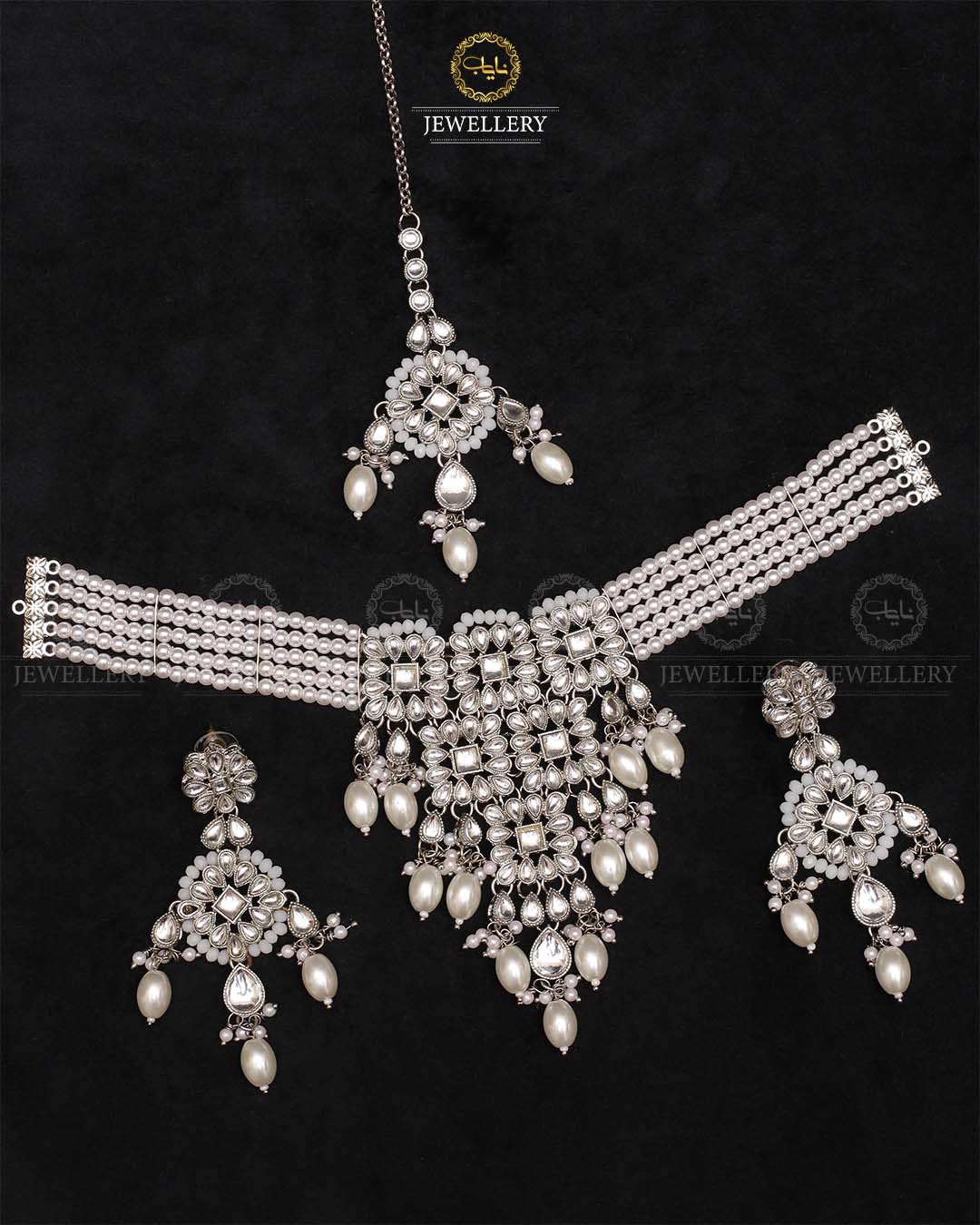 Indian kundan Jhalar Chokar set with Tika-2253-Silver