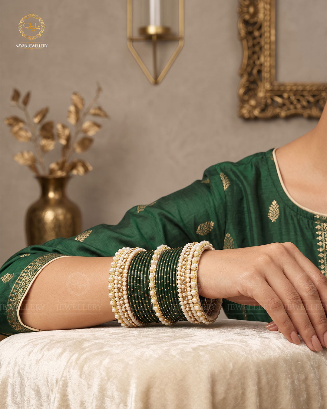 Bridal Pearl Rhinestone Dotted Bangles Set-2705