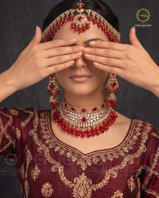 Kundan Collar Bridal set with Matha patti-2763-Golden
