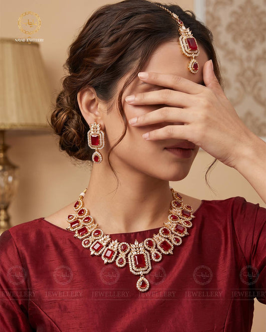 Zirconia Doublet stones Necklace set-2572-Golden